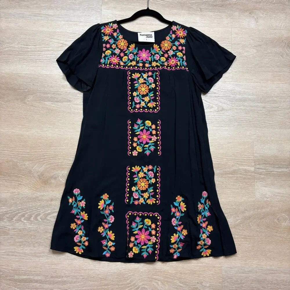 Savanna Jane Embroidered‎ Short Sleeve Dress Women’s S Color Black - Picture 1 of 6
